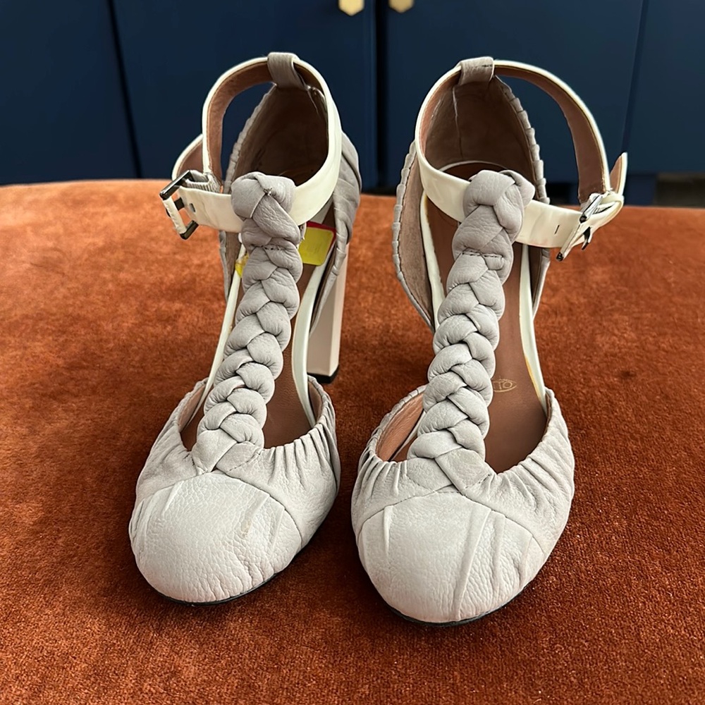 Gray Leather Mary Jane with Braided T-Strap